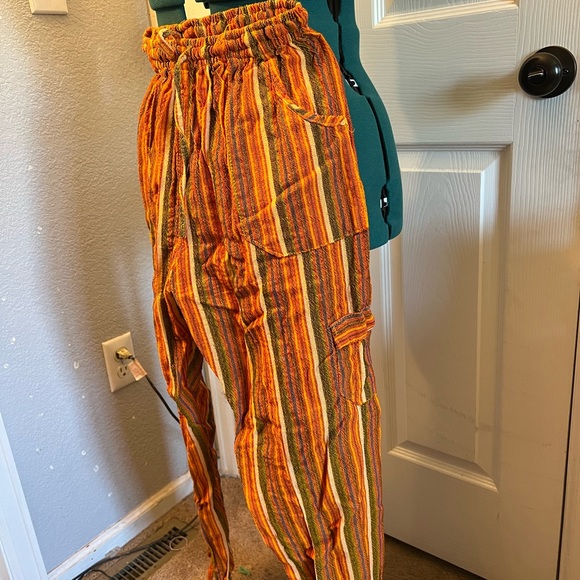 Vertical striped, flow pants in orange and blue/green - Picture 2 of 5